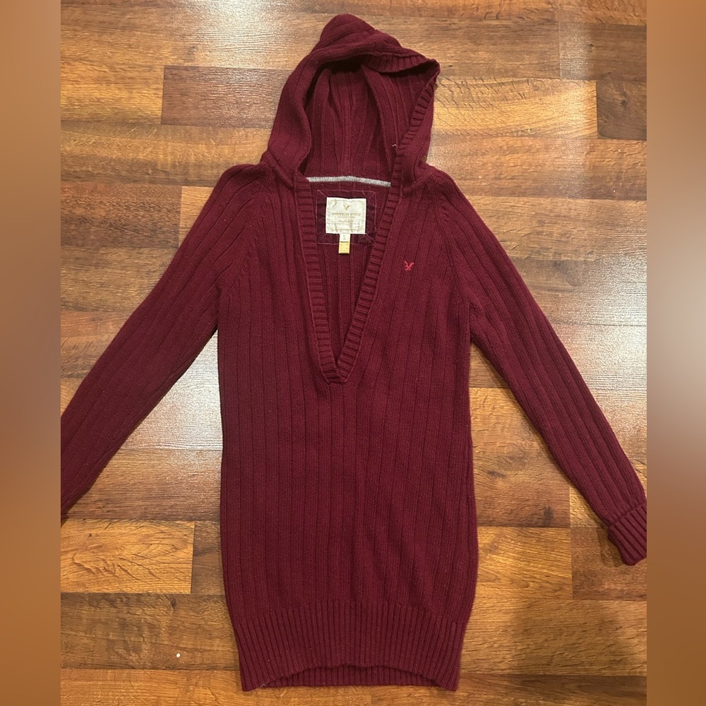 Vintage American Eagle Burgundy Cable-Knit Hooded Sweater Wool Cotton Blend L